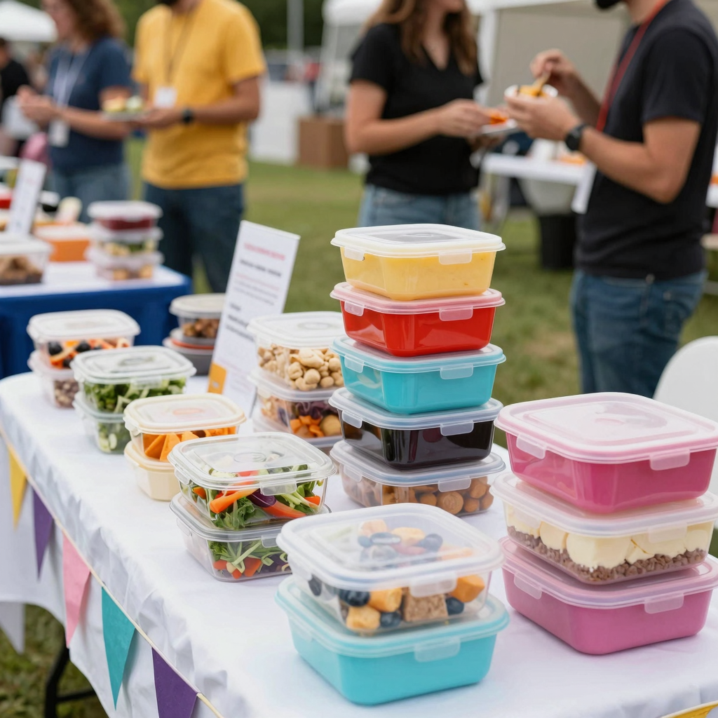 Creative setup of plastic food containers at an event