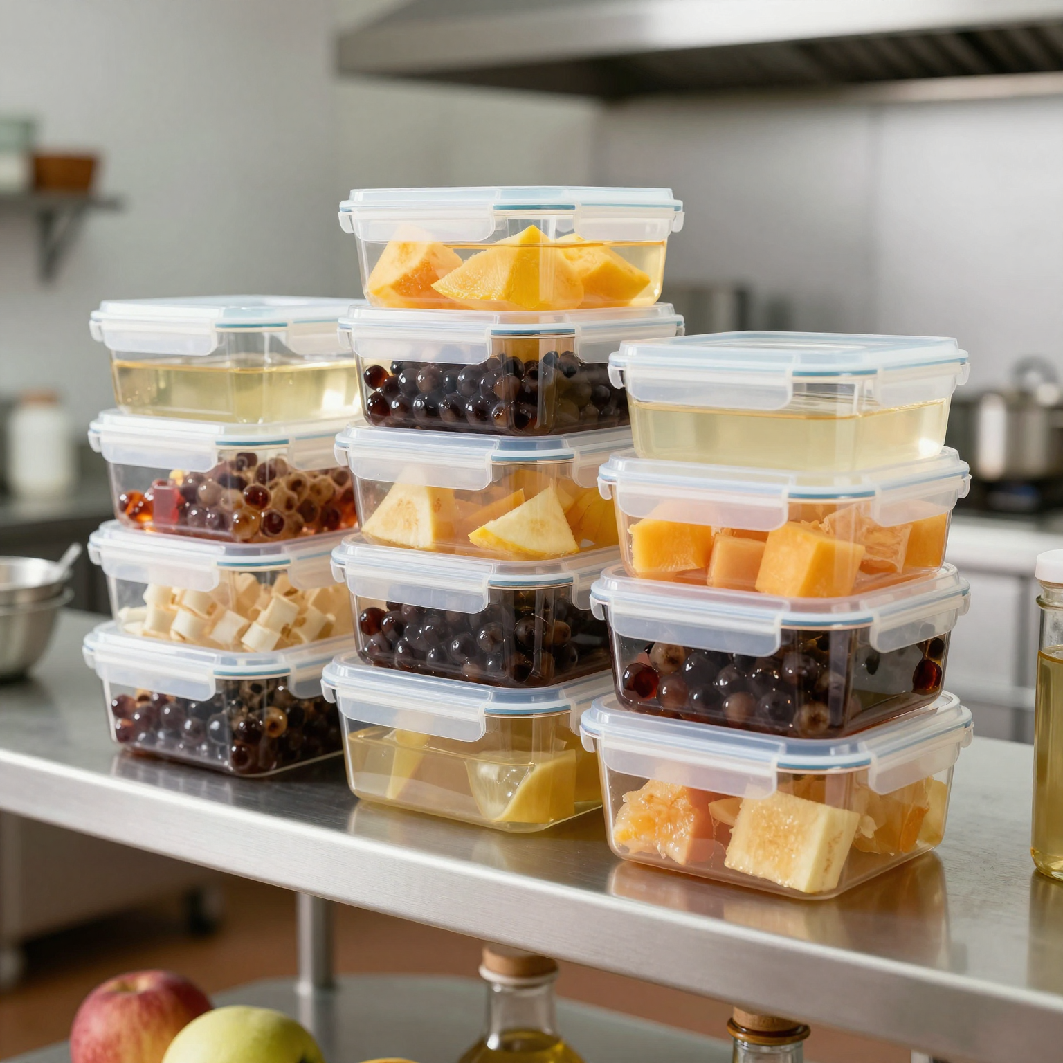 Stacked Snapware 4.7-cup rectangular containers in a commercial kitchen, filled with boba tea toppings and prepared ingredients