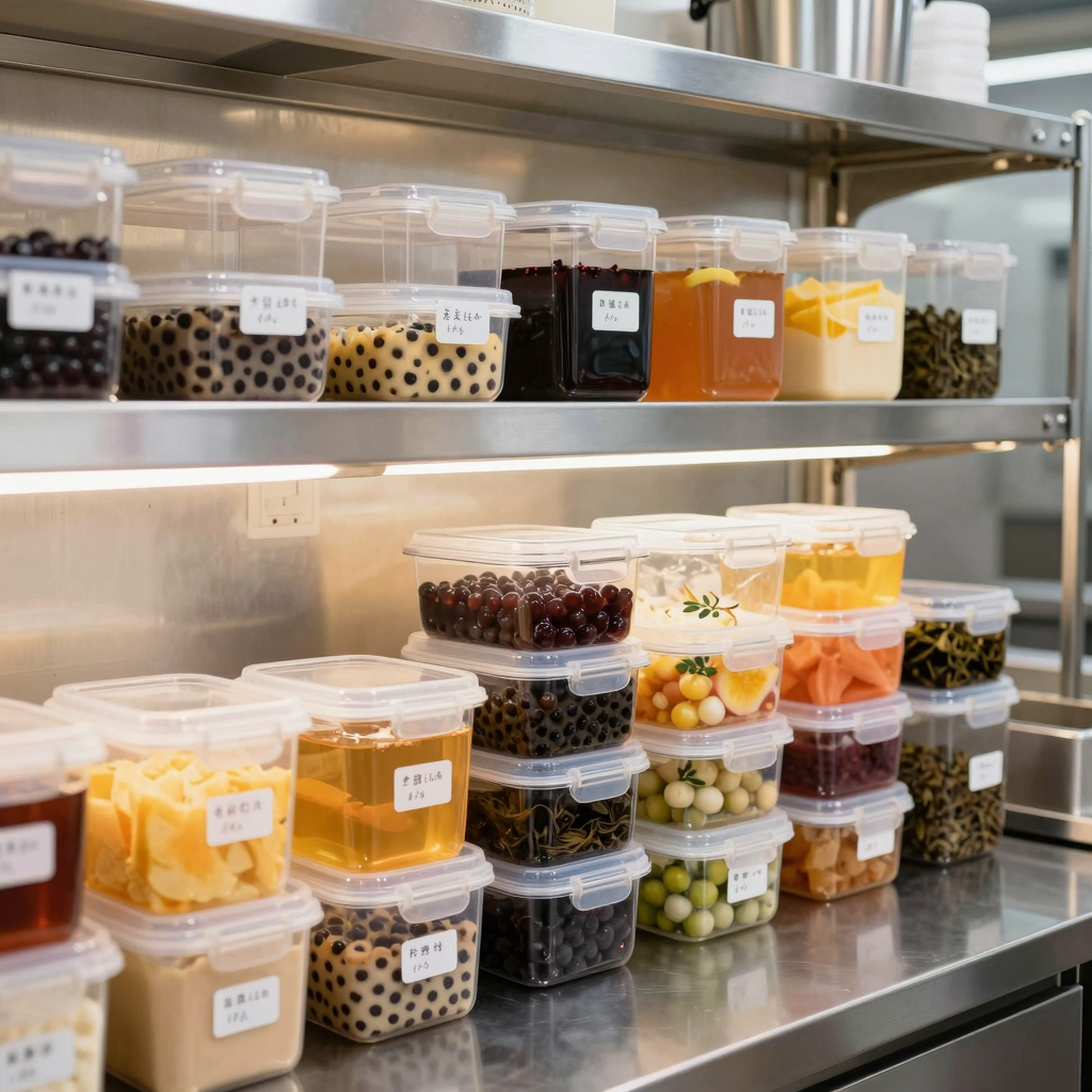 Commercial bubble tea kitchen with organized airtight Snapware containers on shelves