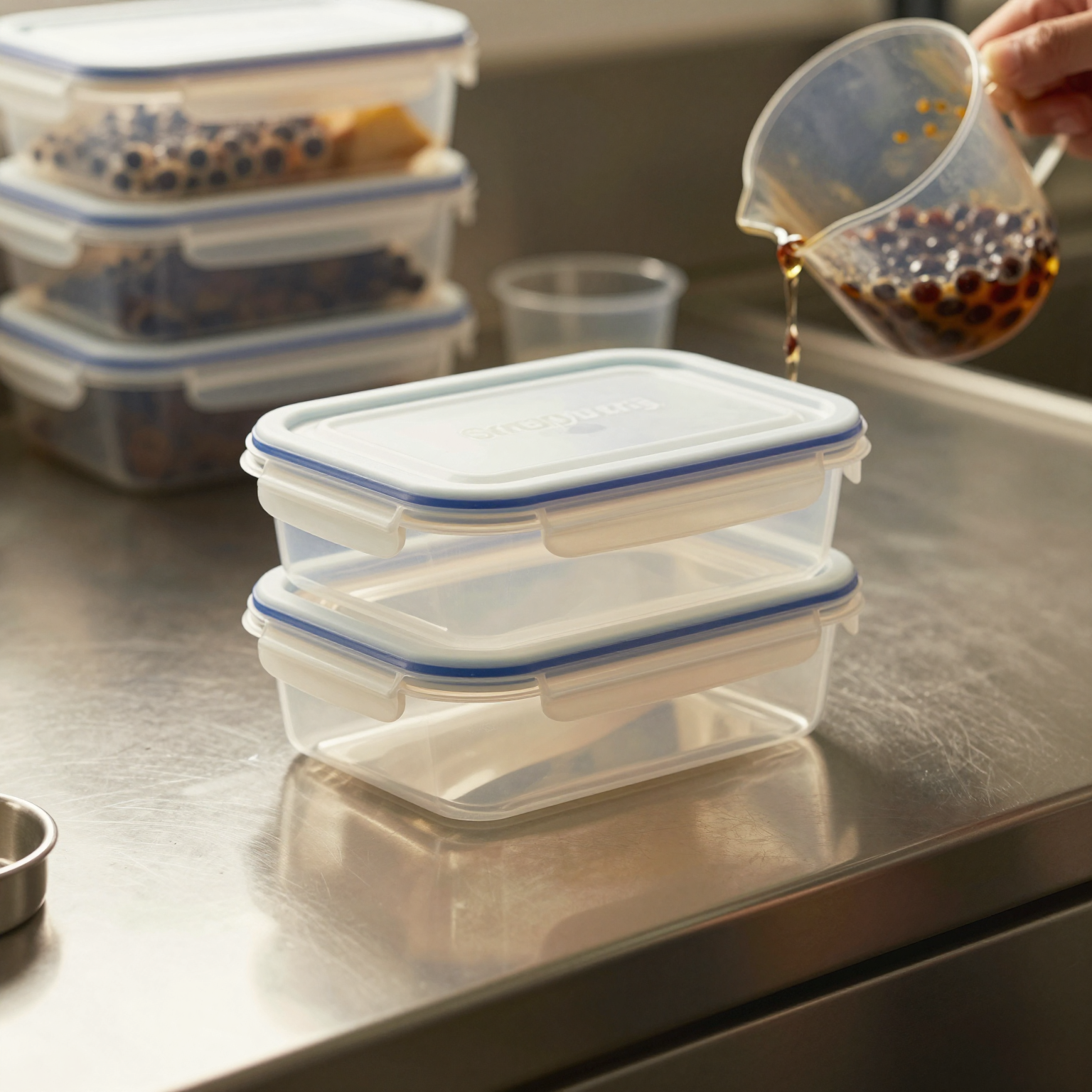 Snapware airtight plastic 4.7-cup rectangle food storage container on a stainless steel commercial kitchen counter with boba pearls being poured in and a stack of identical containers blurred in the background