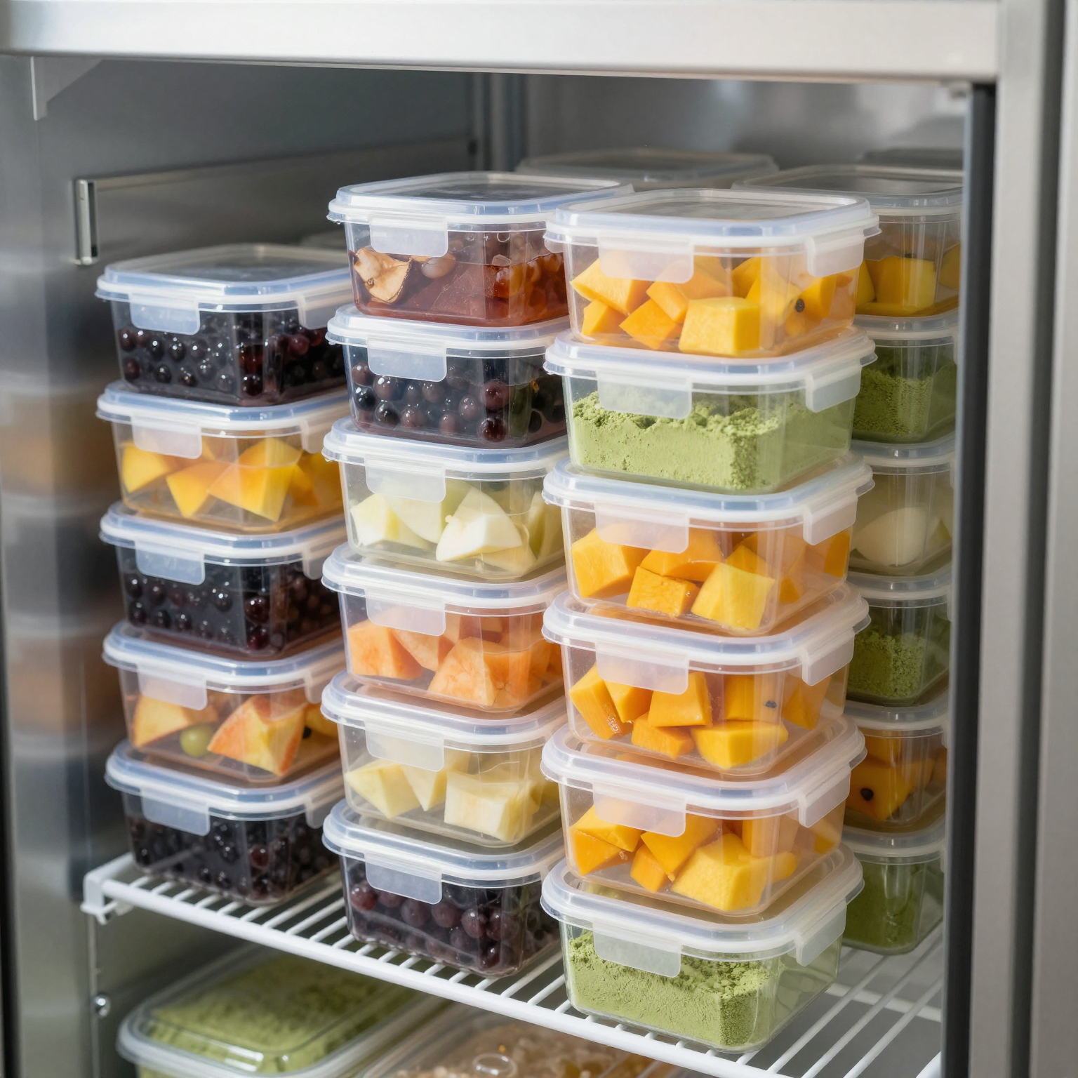 A neatly organized commercial kitchen shelf featuring stackable 4.7-cup rectangular containers filled with colorful bubble tea ingredients like boba pearls, fruit syrups, and matcha powder in a bright walk-in cooler setting
