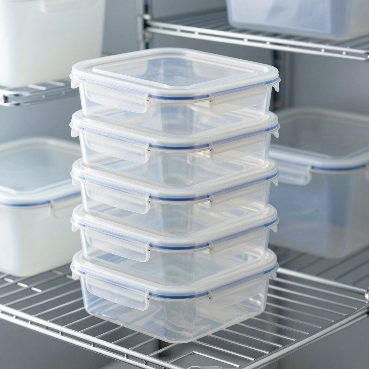 Neatly stacked Snapware 4.7-cup rectangle containers on commercial shelving in a walk-in cooler, demonstrating vertical space optimization and professional storage organization.