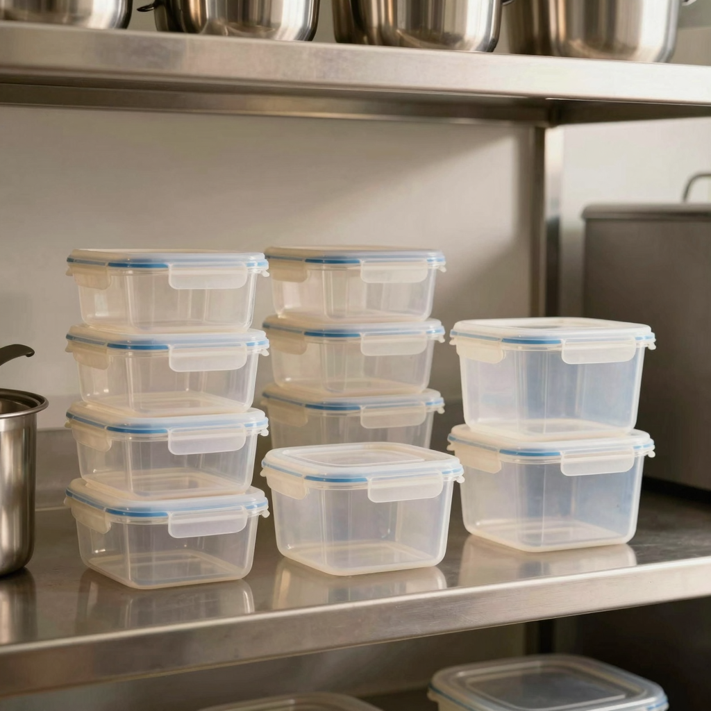 Snapware 4.7-cup plastic food storage containers on commercial shelving