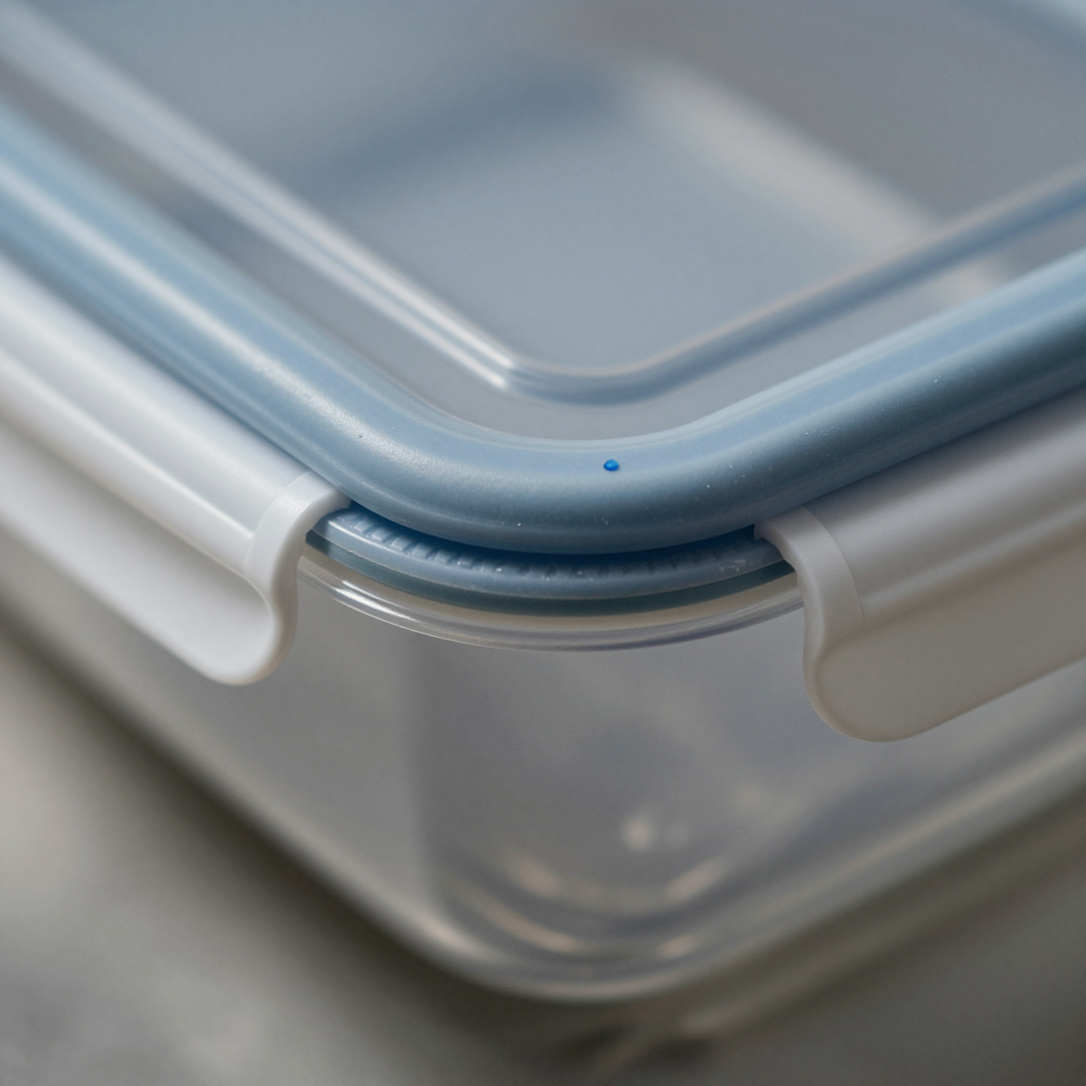 Close-up macro view of Snapware lid showing silicone gasket with water droplet and latch in open position, set against brushed stainless steel background