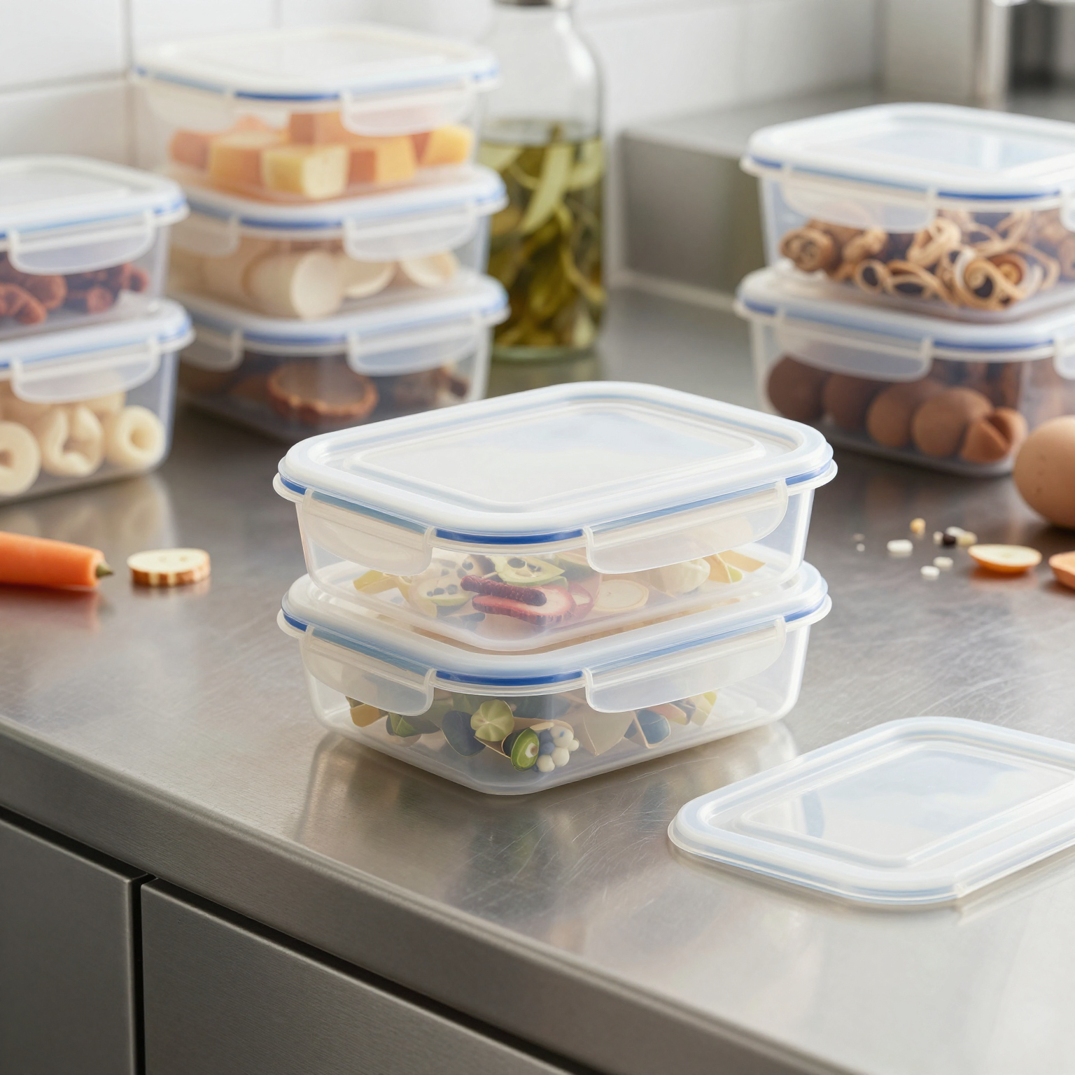 Snapware Airtight Plastic 4.7-Cup Rectangle Food Storage Container on a clean commercial kitchen counter, contrasted against messy storage solutions
