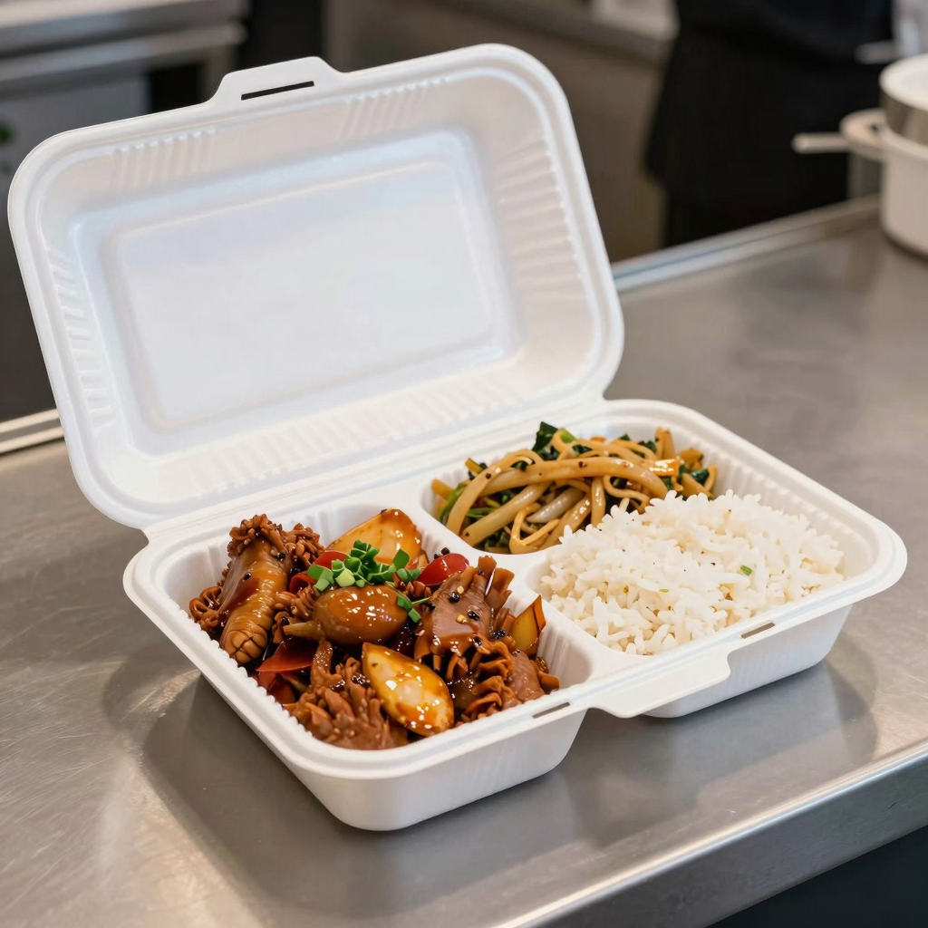 Medium two compartment hot food takeaway box in use, showcasing its practicality and aesthetic for food service environments.