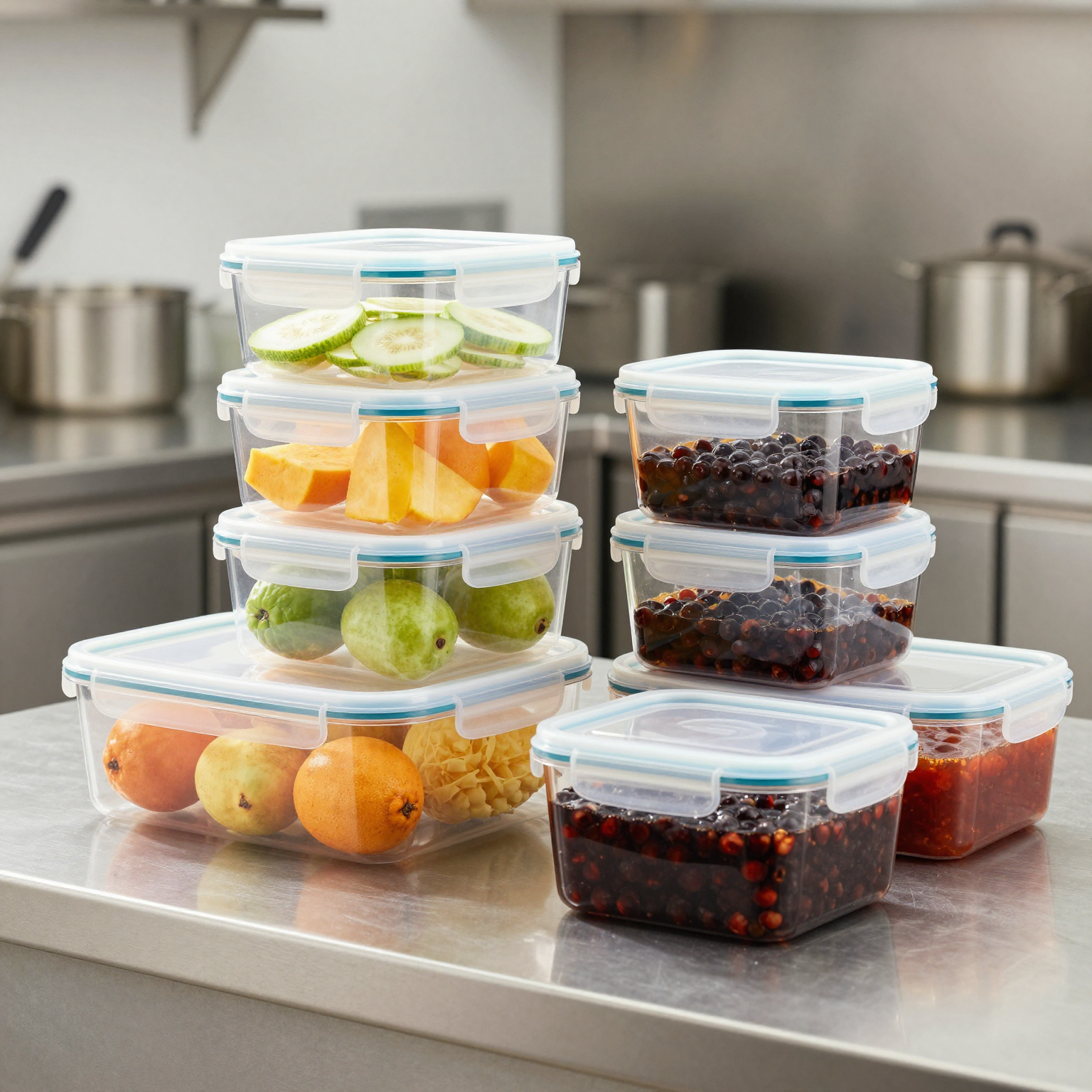 Zwilling Fresh & Save plastic airtight food storage containers stacked in a professional commercial kitchen