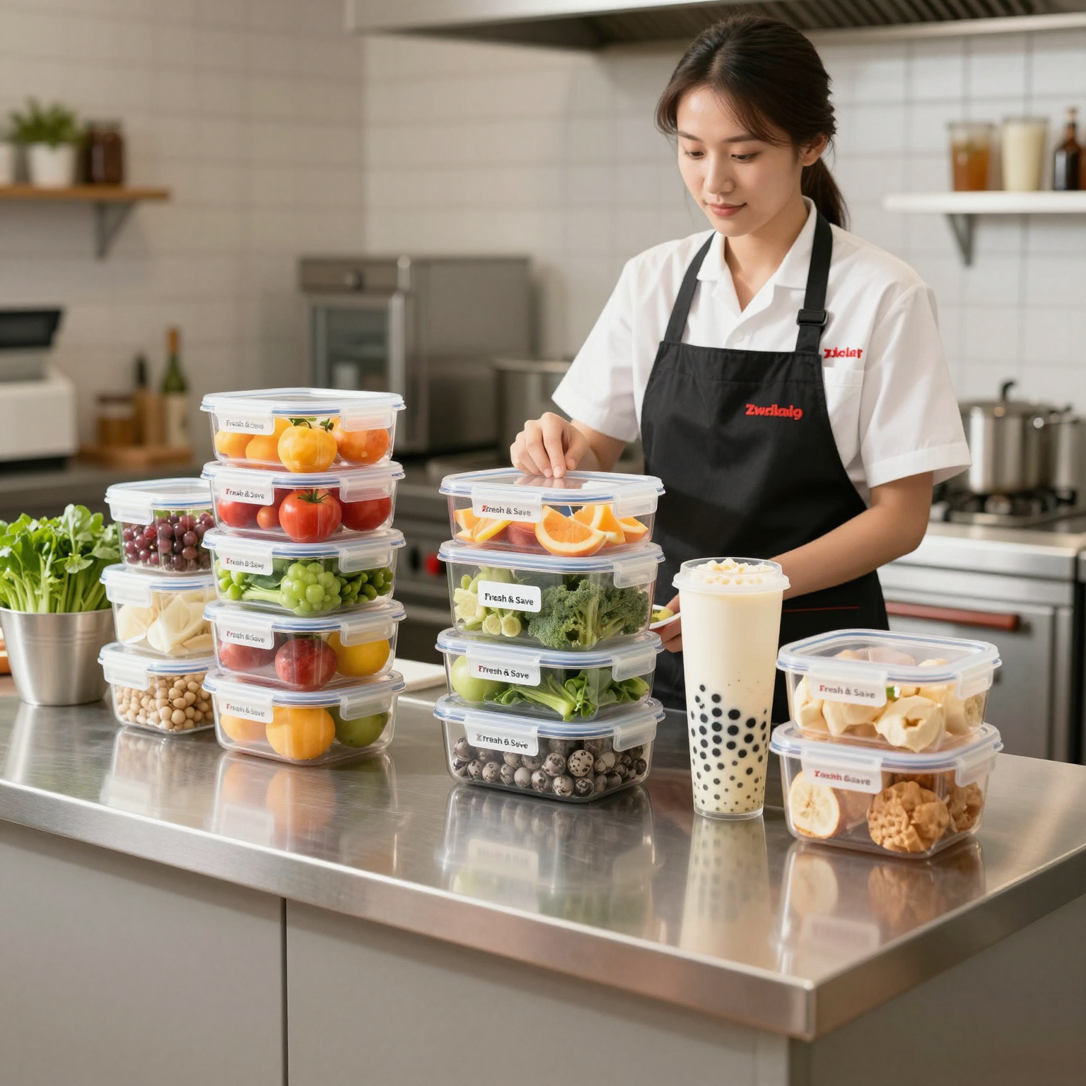 Zwilling Fresh & Save plastic airtight food storage containers in a professional commercial kitchen setting, showcasing fresh ingredients and vacuum-sealed preservation for restaurant and bubble tea shop use.