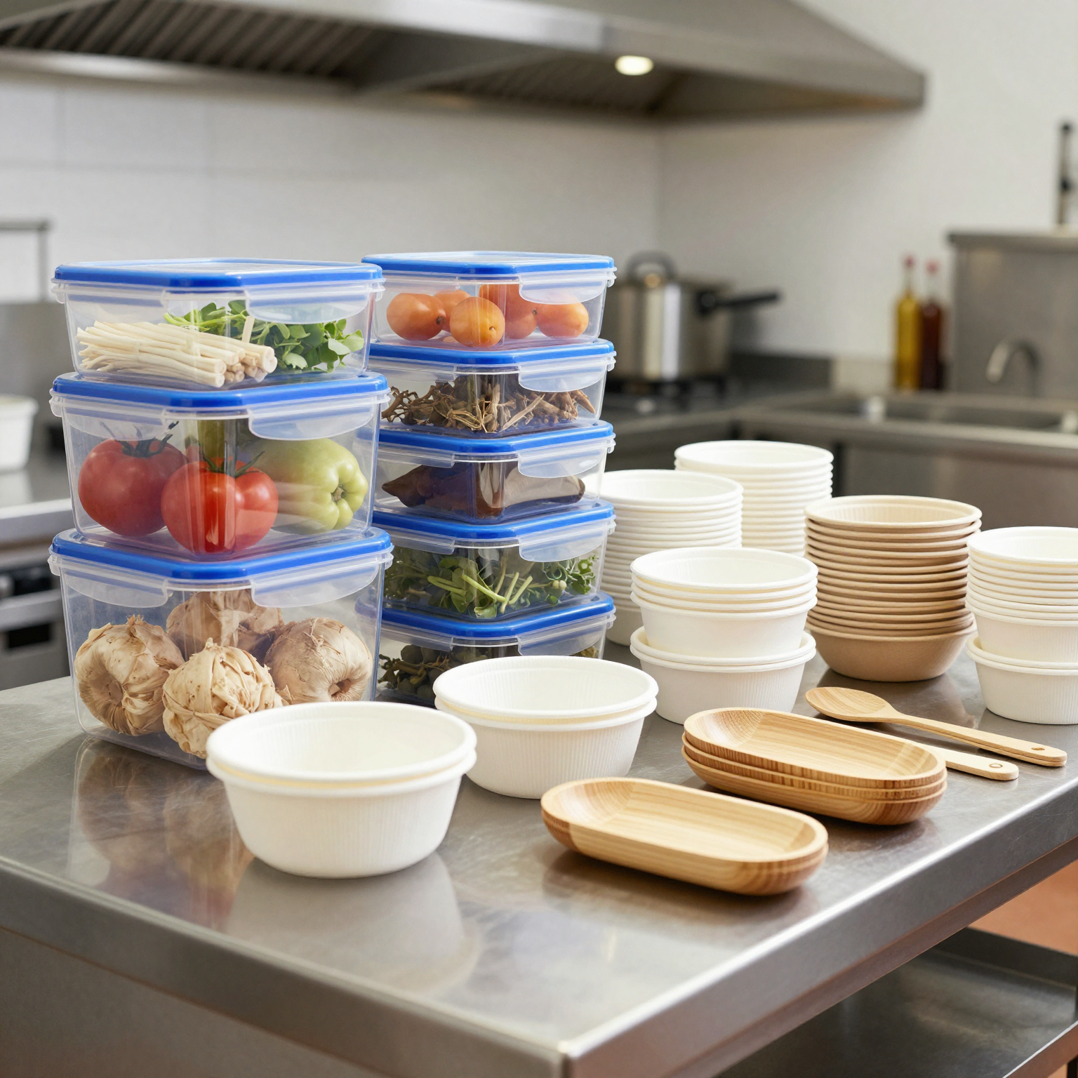 Professional food service setup with Zwilling containers and disposable tableware in a bright commercial kitchen