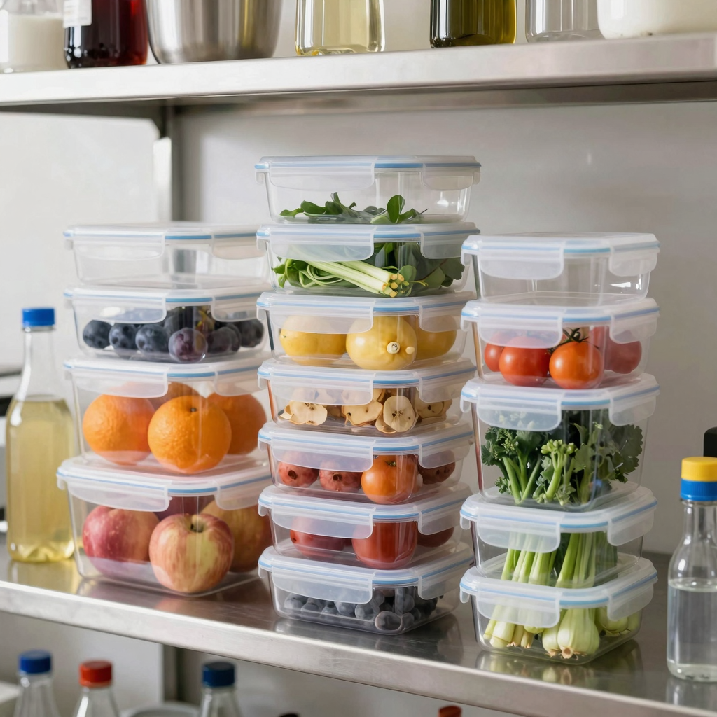 A clean commercial kitchen shelf with transparent stackable airtight containers neatly organized with fresh fruits, vegetables, and liquids