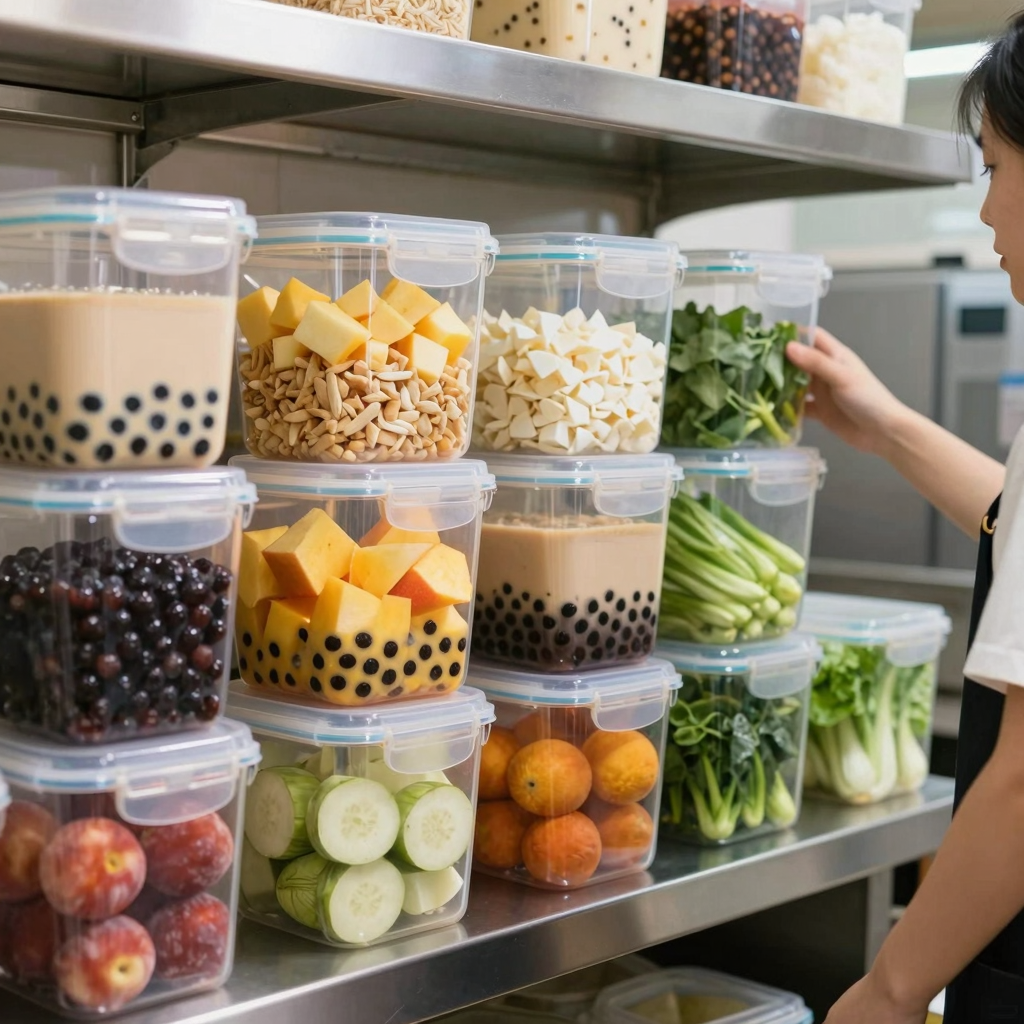 Airtight food storage containers in a commercial kitchen with fresh ingredients