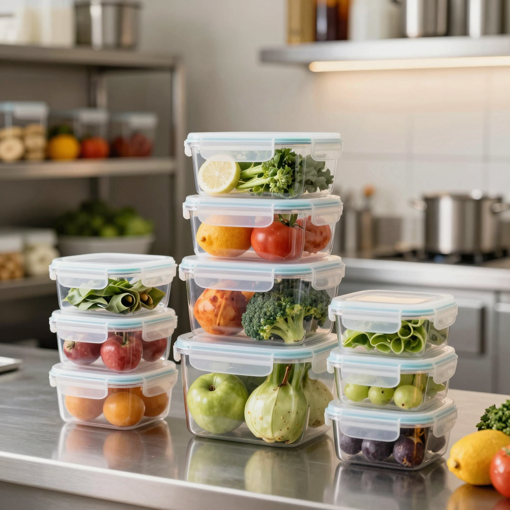 A modern commercial kitchen with neatly stacked airtight food storage containers filled with fresh ingredients, organized on clean shelving under warm lighting.