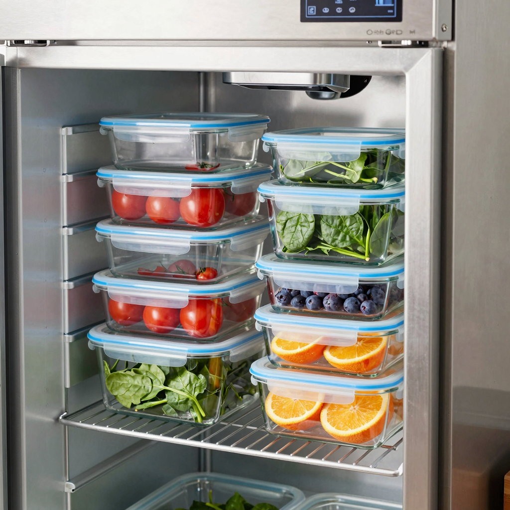Stackable Zwilling Fresh & Save containers neatly arranged in a commercial reach-in fridge with colorful fresh ingredients.
