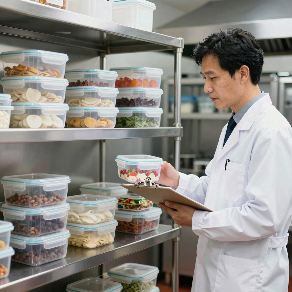 Food safety inspection in a commercial kitchen with BPA-free containers on shelves