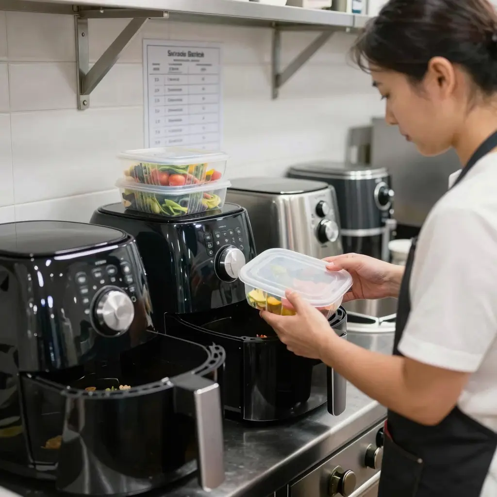Professional kitchen scene showcasing cooking appliances