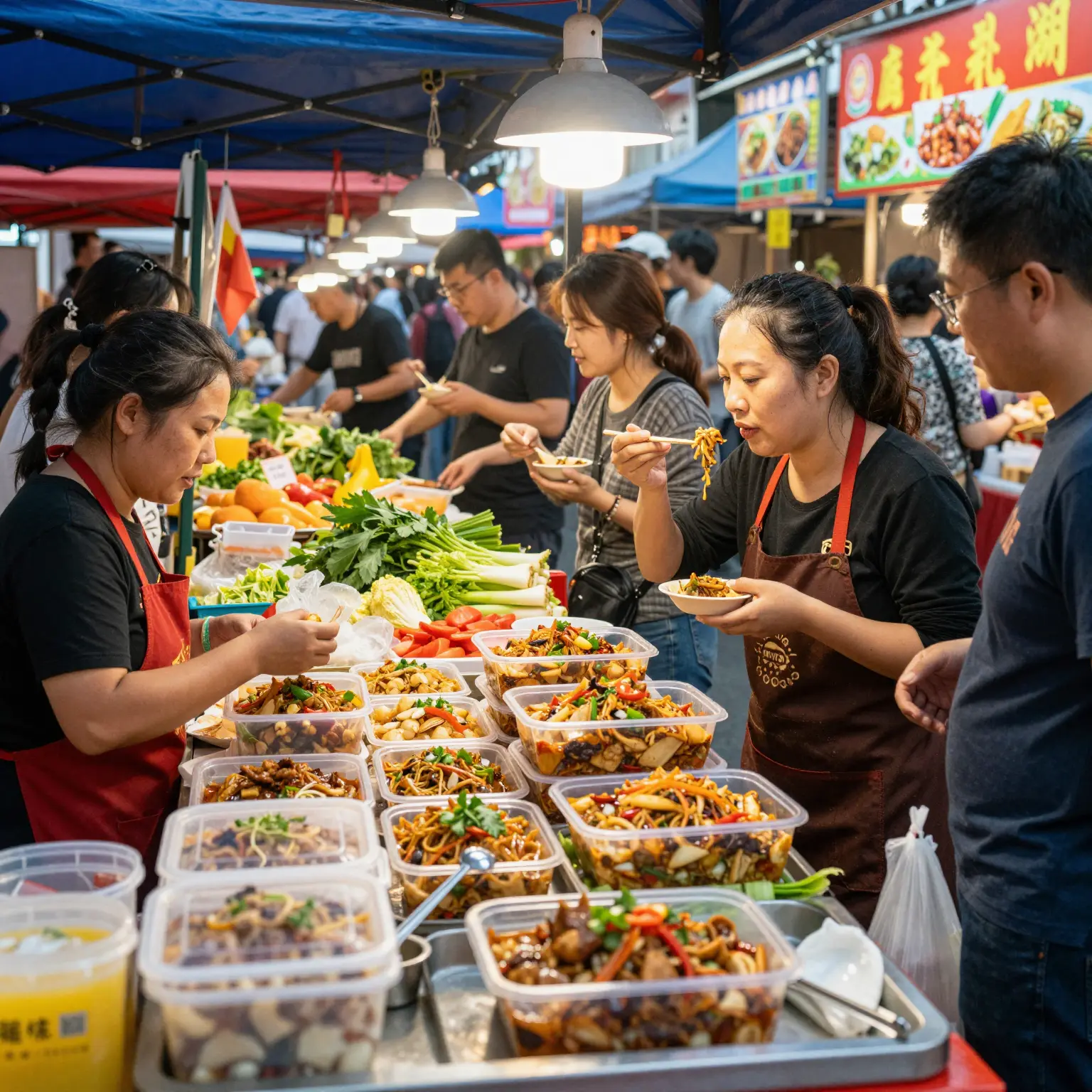 Street food market with Chinese vendors selling food in plastic containers