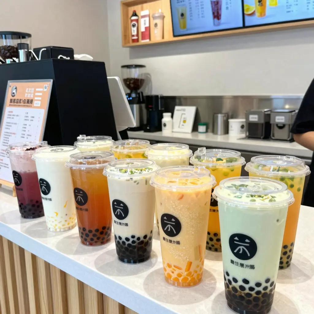 modern beverage shop interior with clear plastic cups