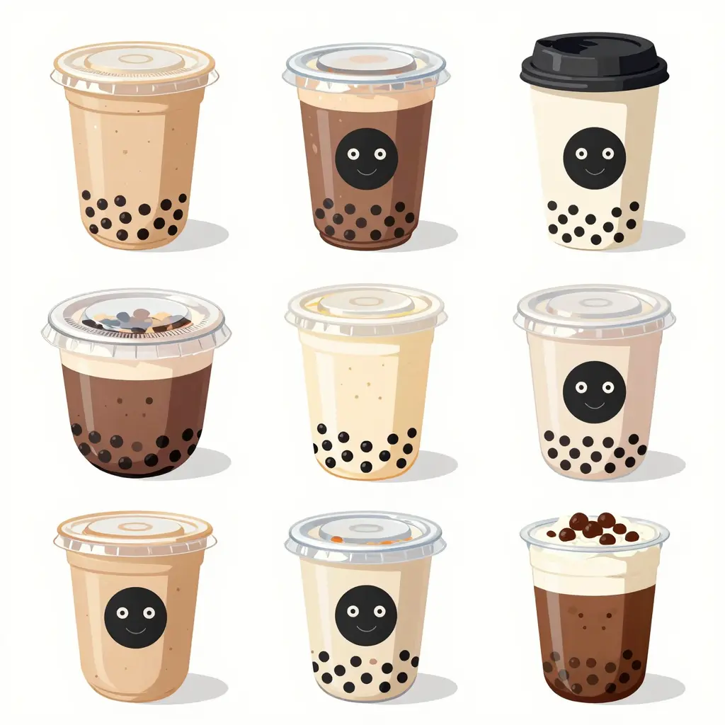 Various styles of cups in plastic Chinese food containers