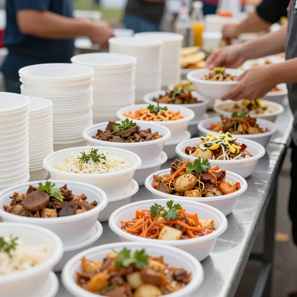 Disposable Plastic Bowls in Use