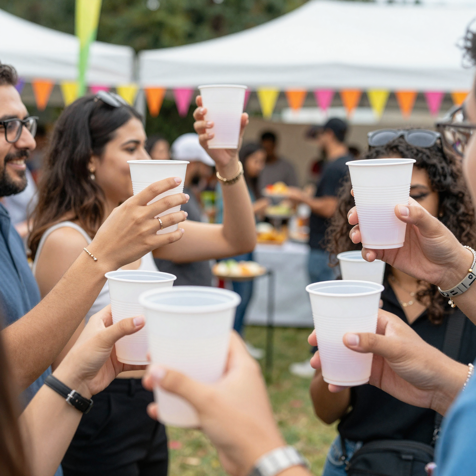 Disposable plastic cups in use at a lively event setting