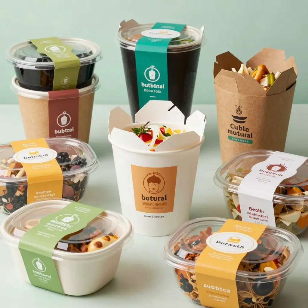 A variety of food boxes used in takeaway services, showcasing different styles and materials such as paper, plastic, and eco-friendly options. The image conveys a friendly and professional tone, ideal for appealing to bubble tea shops, restaurants, and catering services.