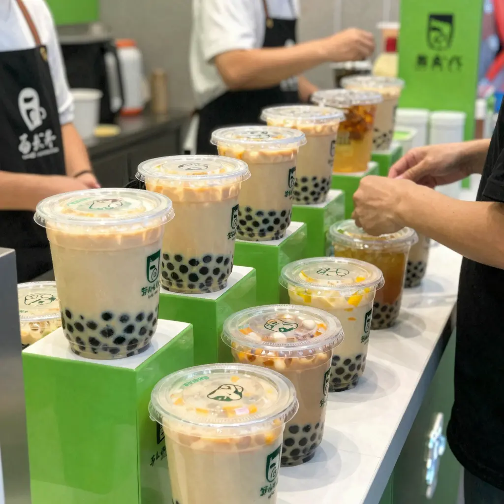 Green plastic containers in a food service setting