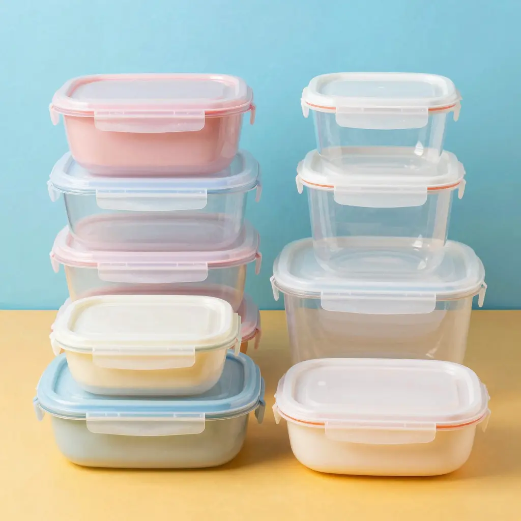 A variety of plastic containers used for food service, showcasing different shapes and sizes including lunch boxes, bowls, and food storage containers.