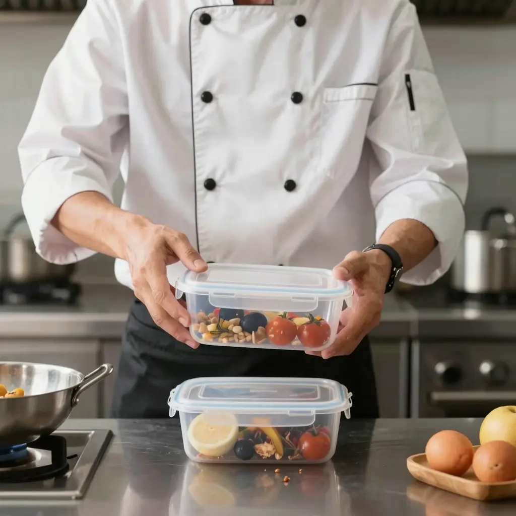 A chef safely placing hot food into a plastic container