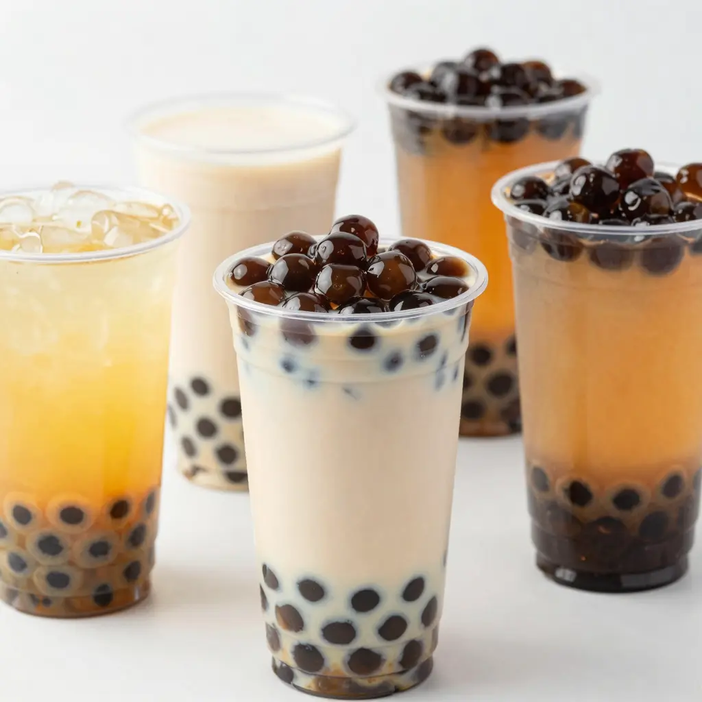 A visually appealing arrangement of clear plastic cups filled with colorful bubble tea