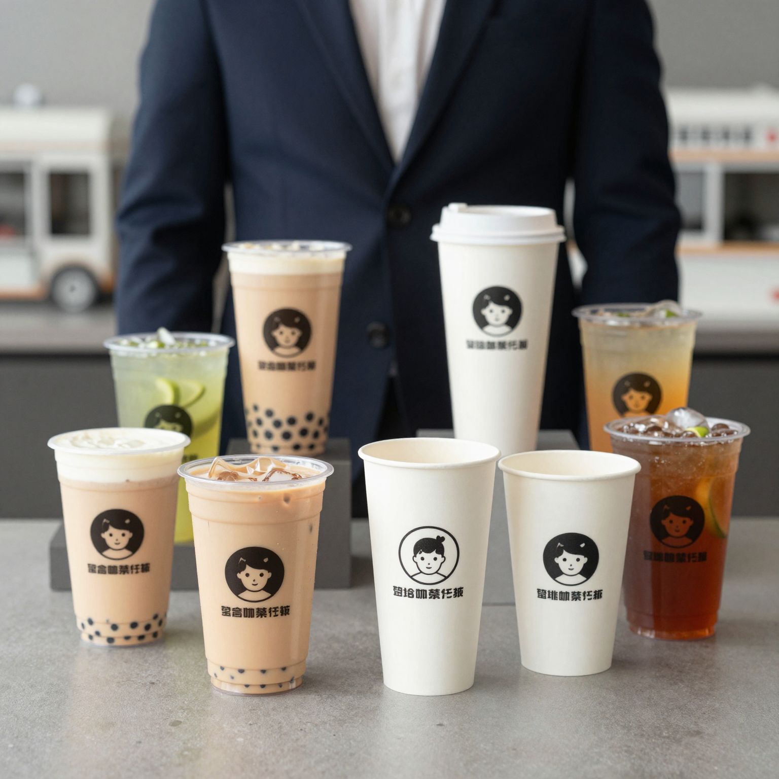 Assortment of plastic disposable cups with logos in a professional setting