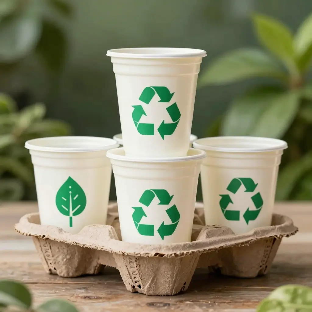Plastic disposable sundae cups against a nature-inspired background showing sustainability
