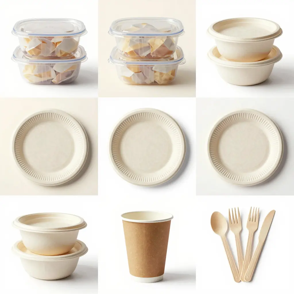 Disposable food packaging collage