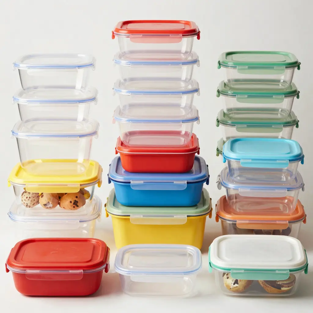 Various types of plastic food containers