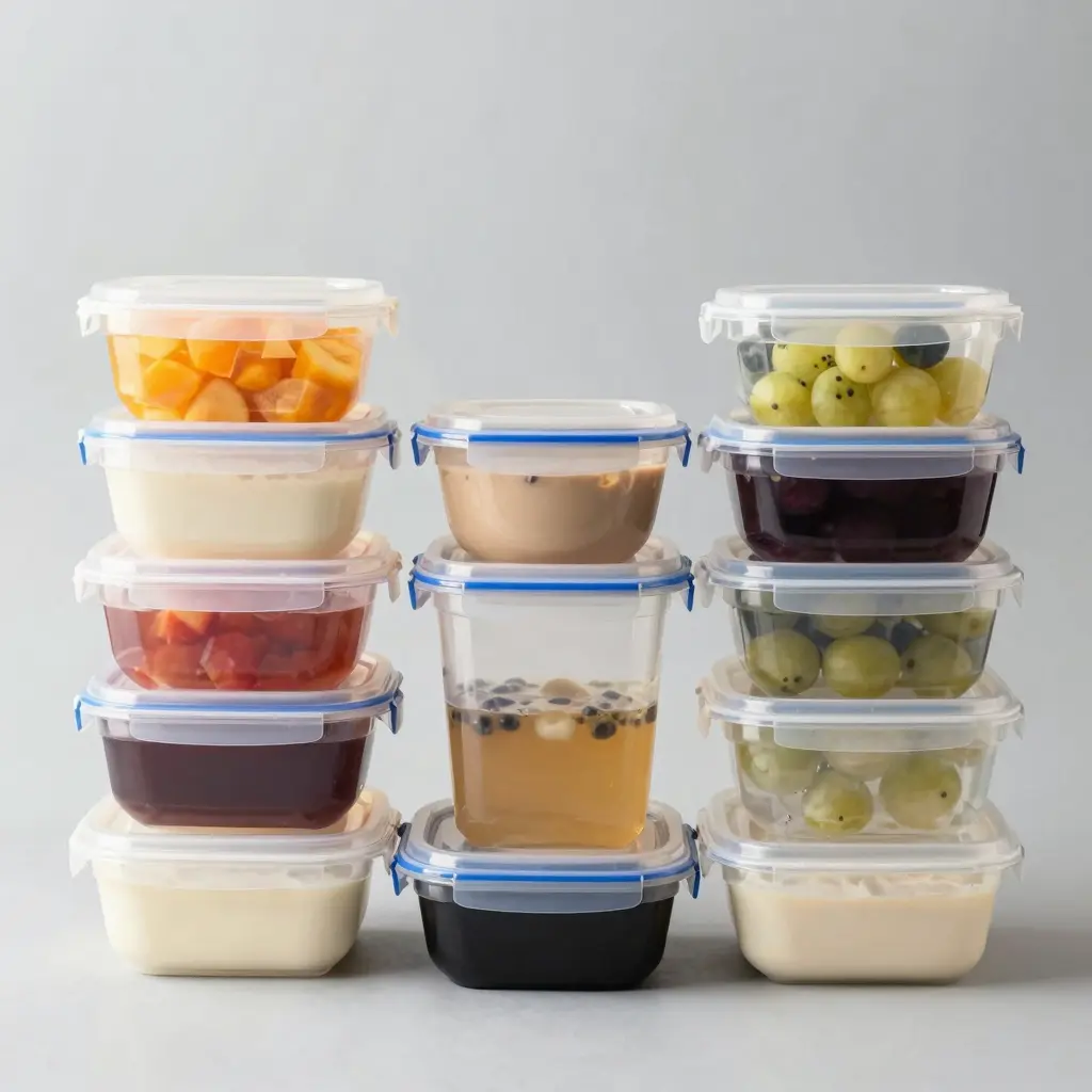 A visually appealing arrangement of various plastic food containers showcasing their versatility for food storage.