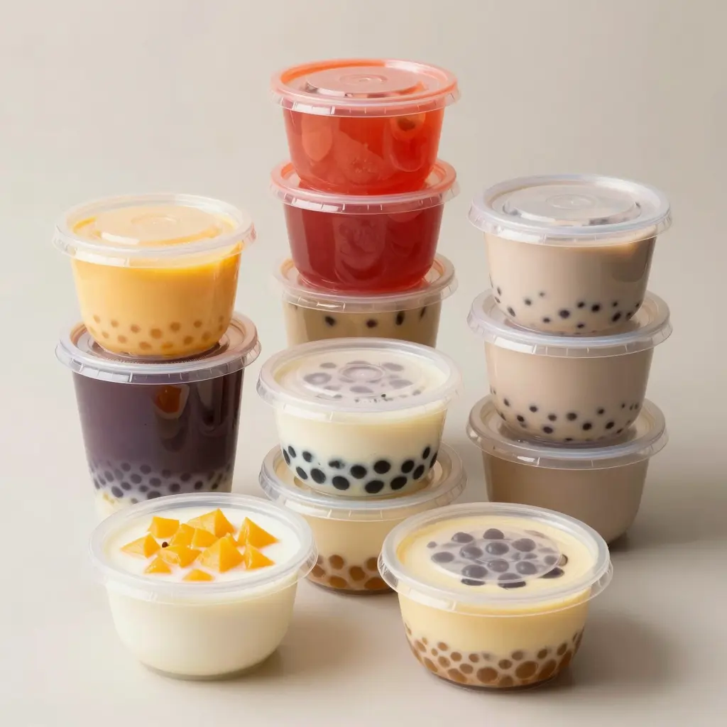 Variety of colorful plastic food containers used in bubble tea
