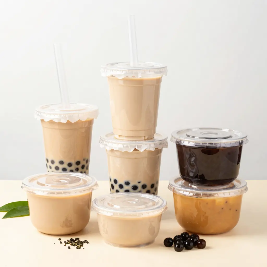 Assortment of stylish plastic food containers specifically designed for bubble tea