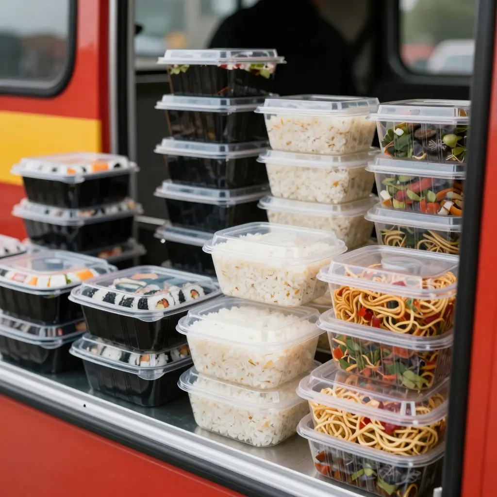 Plastic food containers used for takeout in restaurants and food trucks