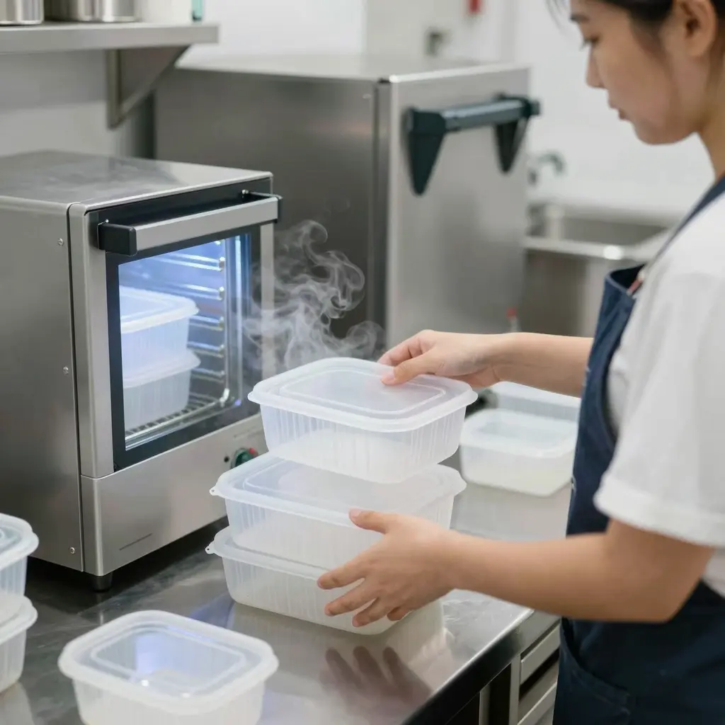 Sterilisation process for plastic food containers