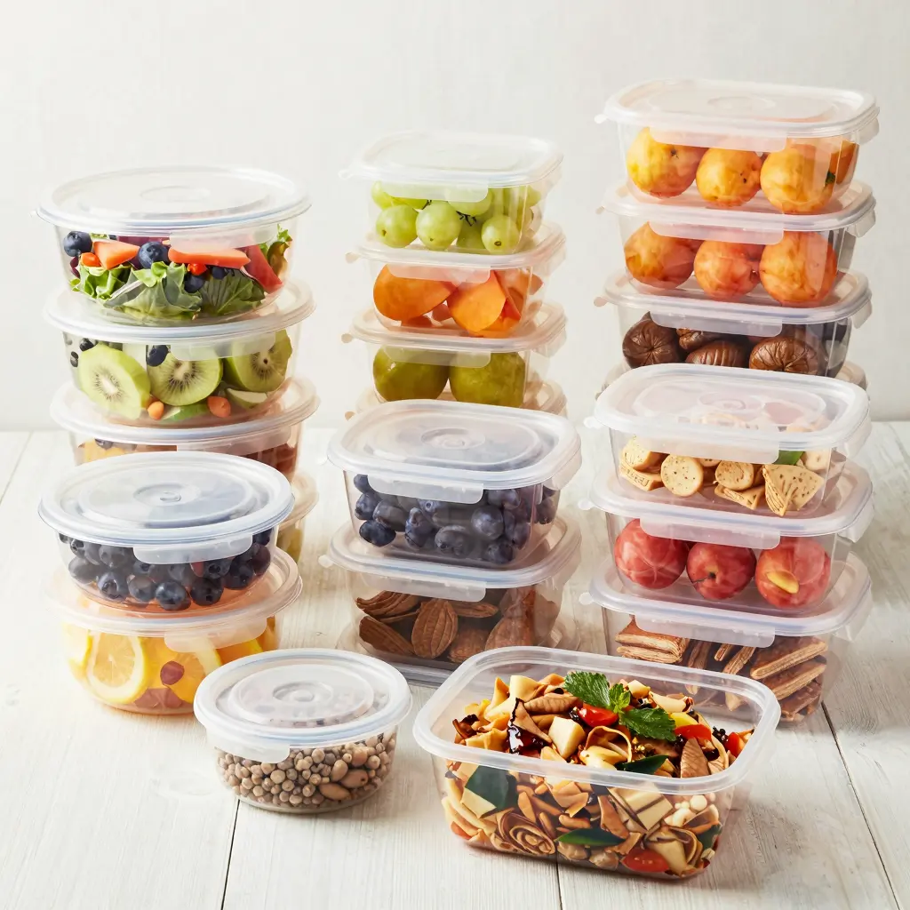 A variety of plastic food containers filled with different foods.