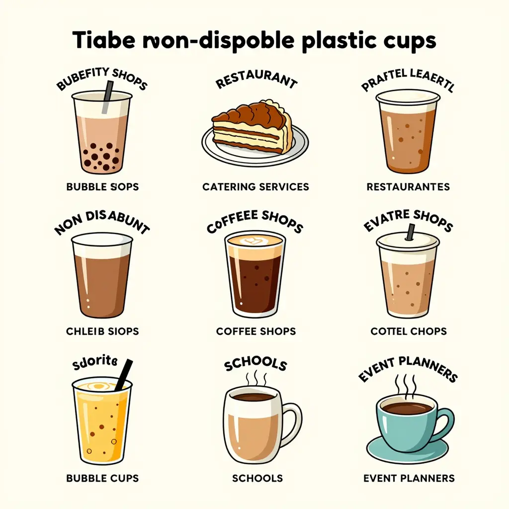 Infographic showcasing different types of businesses benefiting from using non-disposable plastic cups
