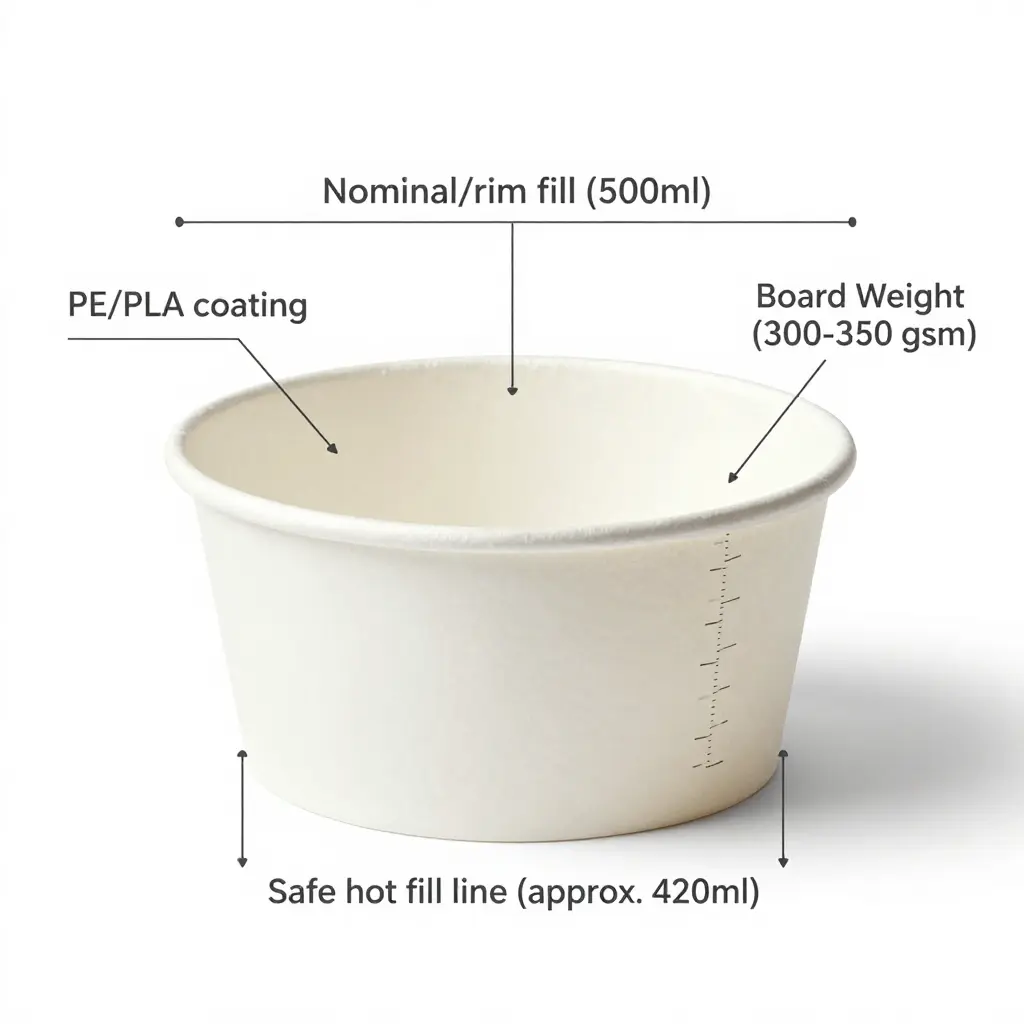 Technical cross-section of a 500ml paper bowl showing the nominal rim fill line, the lower safe hot fill line, and the PE/PLA coating and board weight layers.