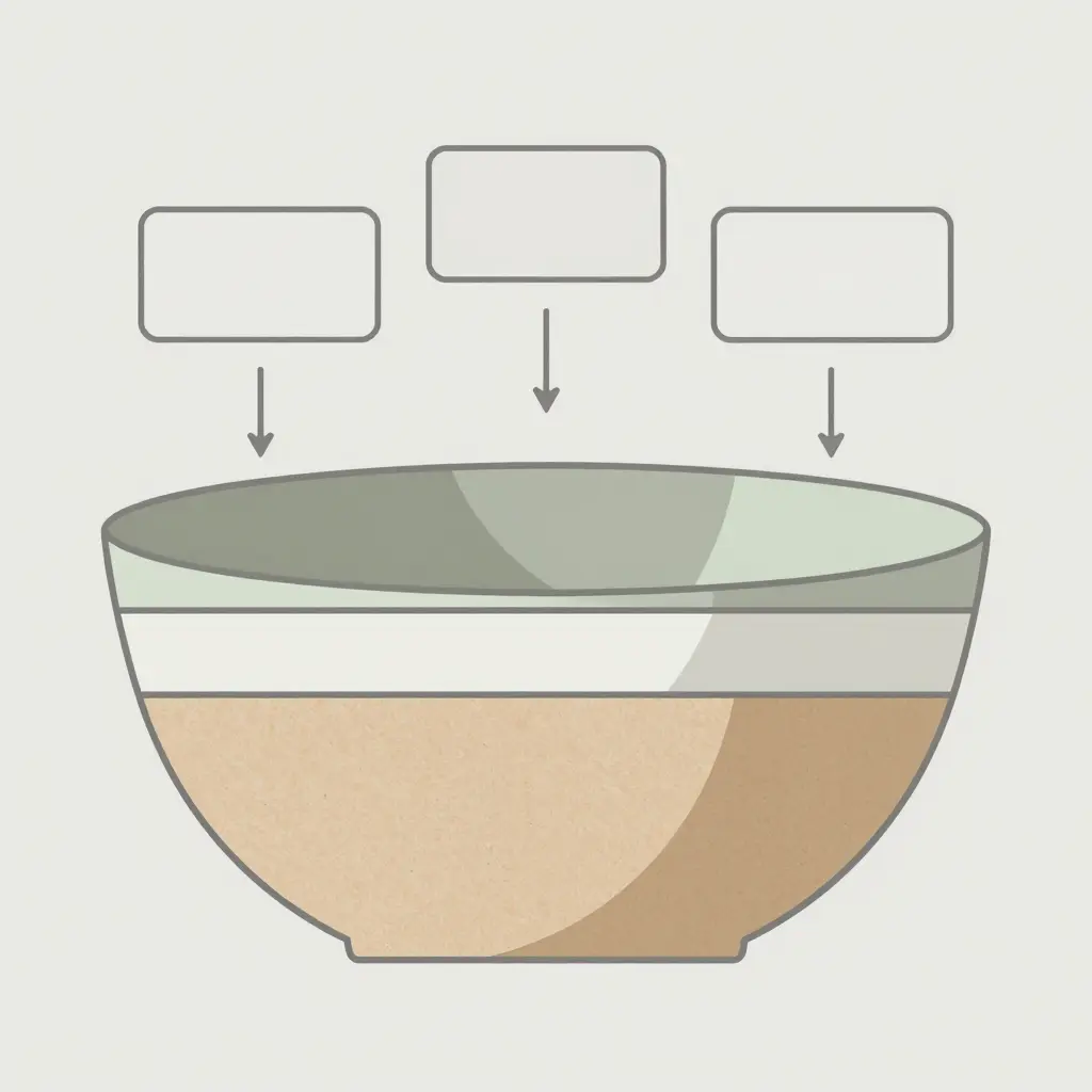 Cross-section diagram of a recycled paper bowl showing three layers: an outer recycled board layer, an optional barrier or coating layer, and a virgin-fiber or coated food-contact liner, with blank annotation callouts and arrows