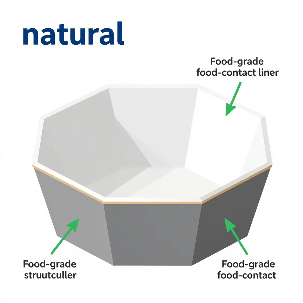 Cross-section of an octagonal paper bowl wall showing a recycled board structural core and a thin food-contact liner