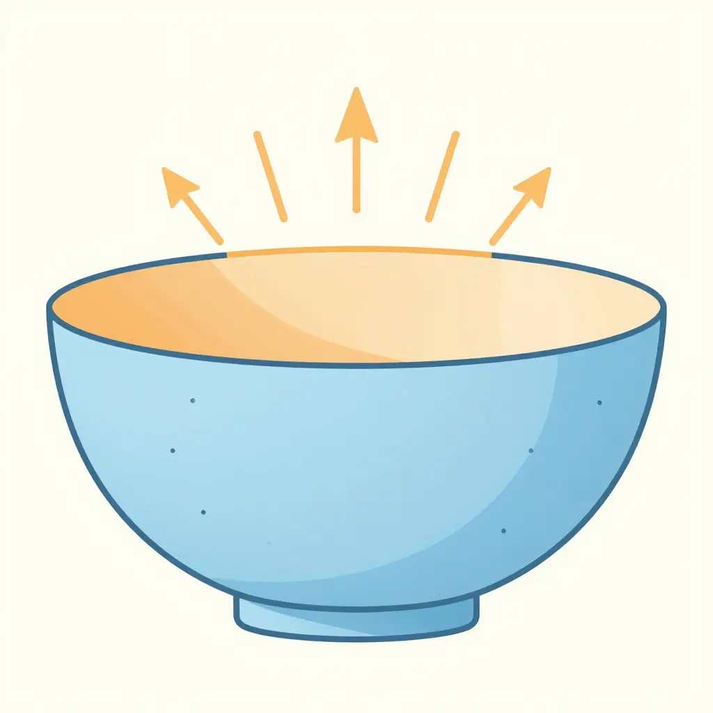 Cross-section schematic of a sugarcane fiber bowl showing a blue-shaded inner region retaining bound moisture versus a warm-toned rim region losing moisture with outward-radiating evaporation arrows