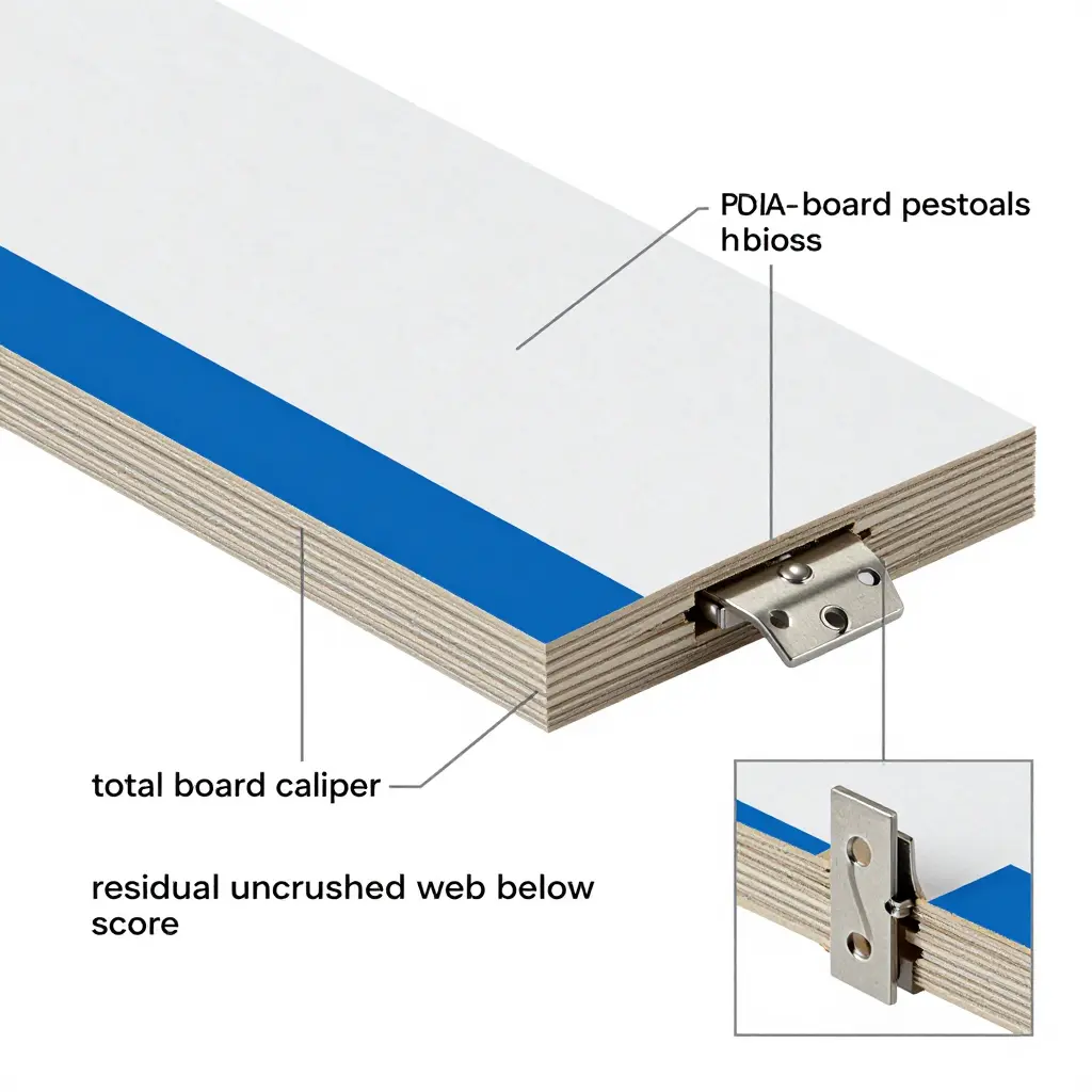 Cross-section of a hinge score line in compostable packaging board, showing score depth, total board caliper, and the residual web