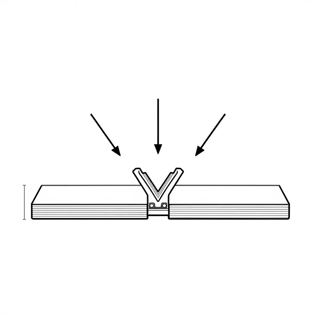 Technical cross-section schematic of a compostable hamburger box lid hinge showing board thickness, the V-shaped hinge score channel, and three superimposed depth variants (shallow, optimal, and over-deep) with plain arrows indicating the resulting fold angle