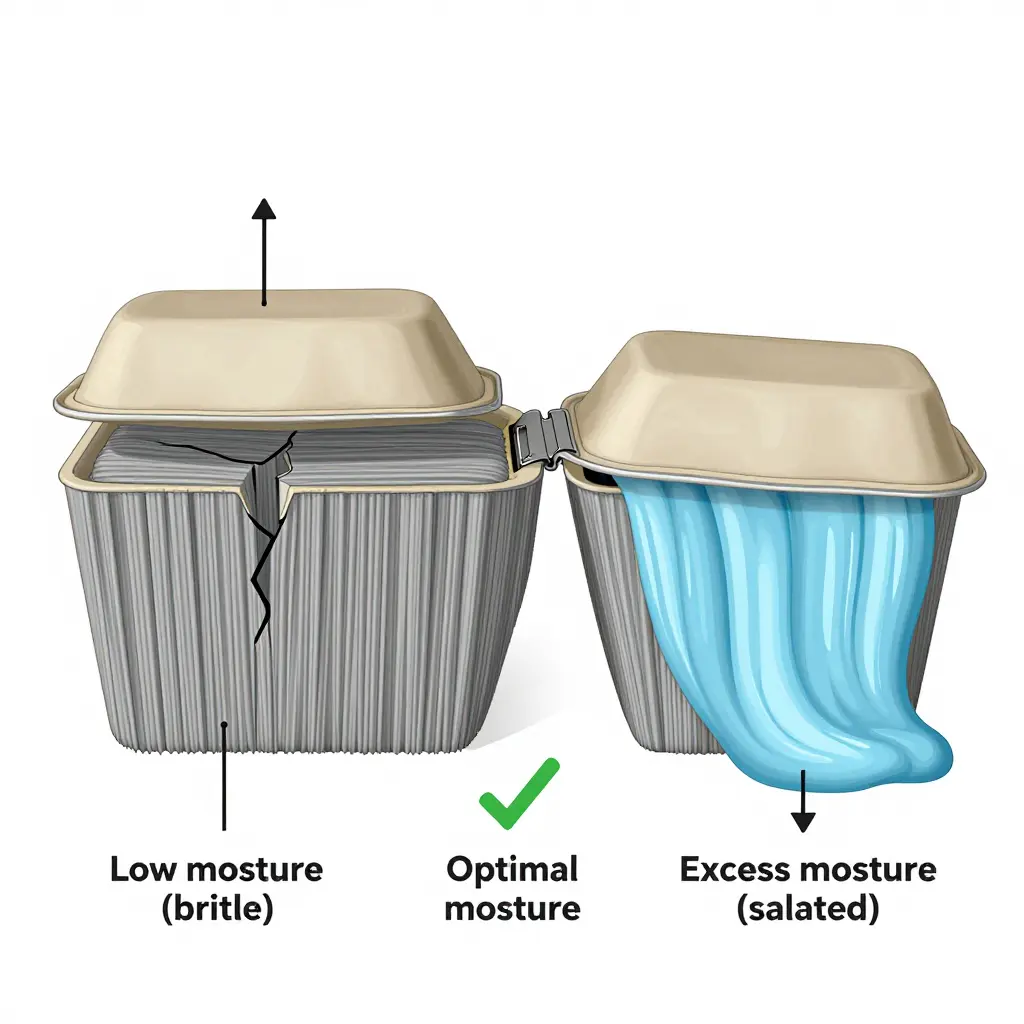 Clamshell burger box hinge cross-section at low, optimal, and excess moisture levels