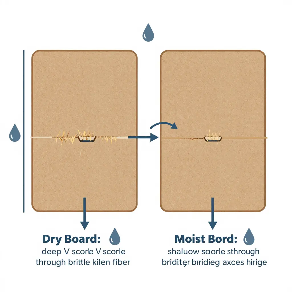 Cross-section diagram comparing a deep score in dry brittle fiber against a shallow score in plasticized fiber, with callouts for hinge score depth, board moisture, and elastic rebound