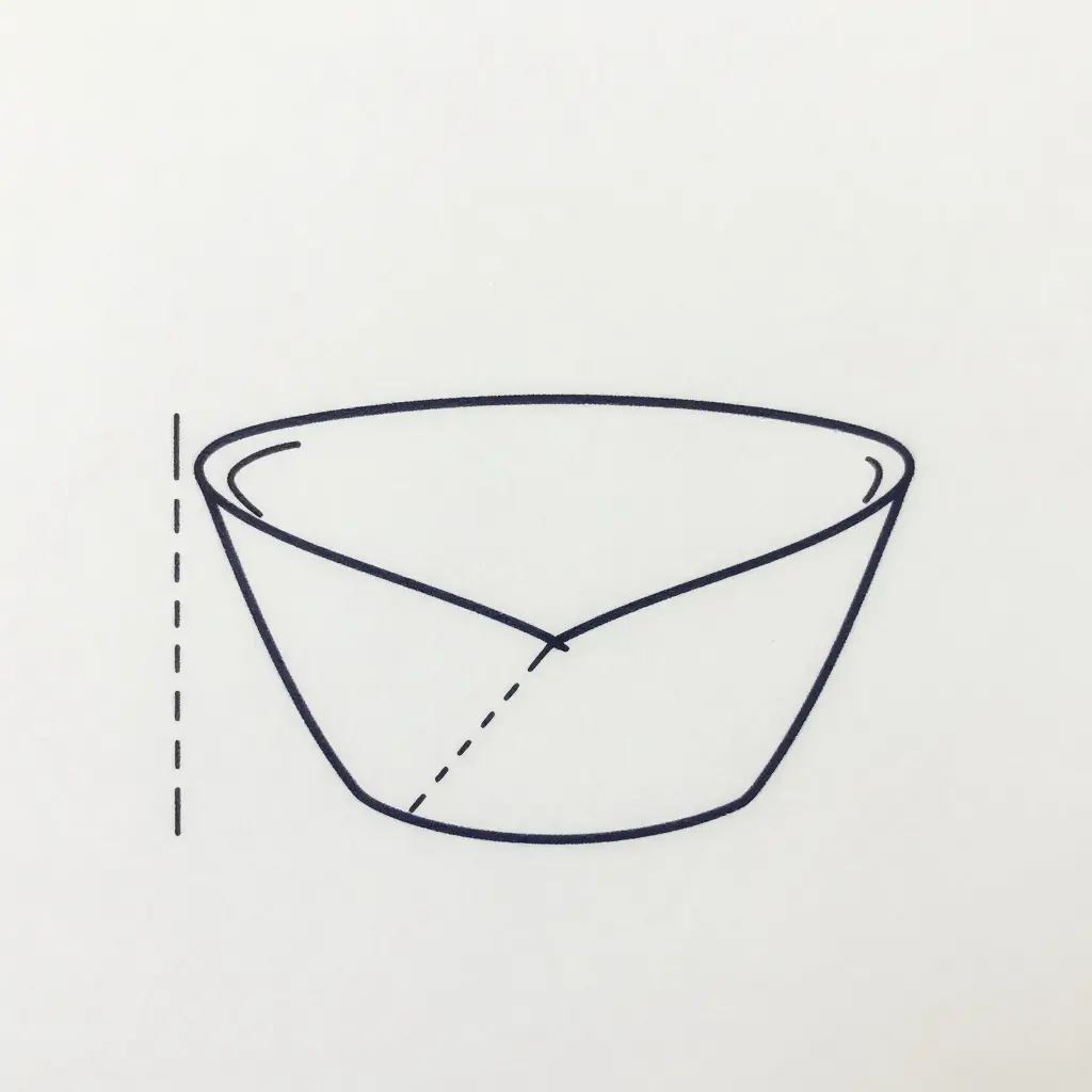 2D cross-section schematic of a clamshell box mold showing the mold draft angle, with a trapezoidal cavity wall tapering from base to rim, a dashed vertical reference line, and an angled indicator line with an arc marking the draft angle