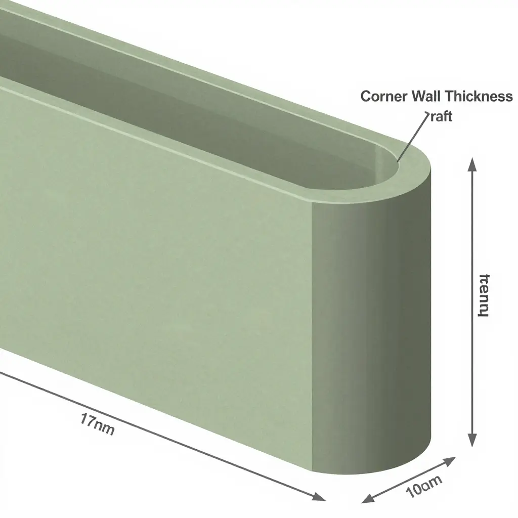 Cross-section diagram of a bagasse clamshell mold showing draft angle and corner wall thickness
